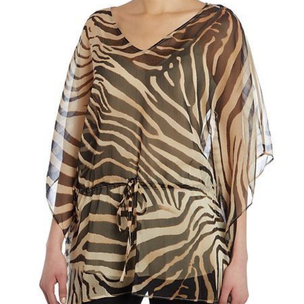 Lauren Ralph Lauren Women's Brown Animal Print Blouse Cover Up V Neck